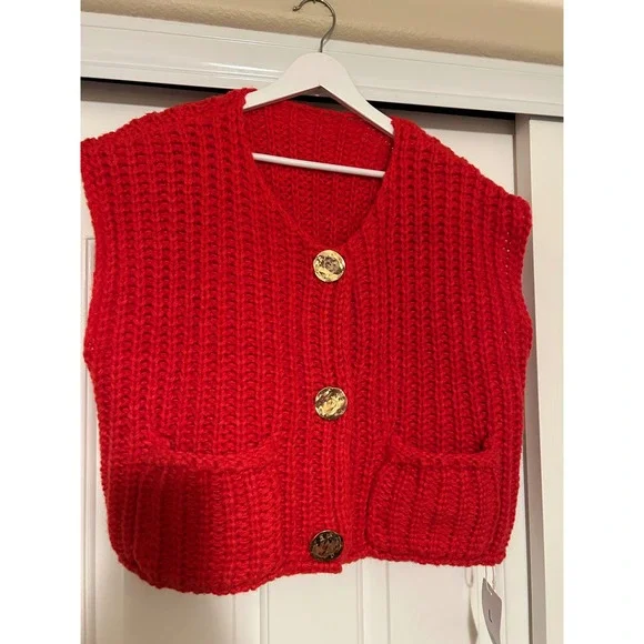 Red Chunky Knit Button Front V-Neck Sweater Vest Hammered Gold Buttons Size L - Picture 10 of 10